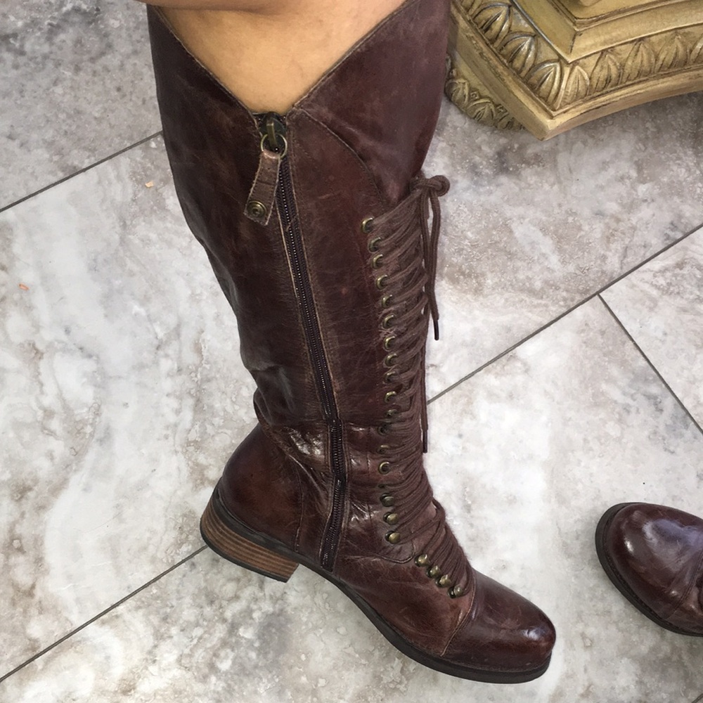 GUESS REAL LEATHER LACED TIE KNEE HIGH  COMBAT TYPE BOOTS WORN 1X SIZE 8.5